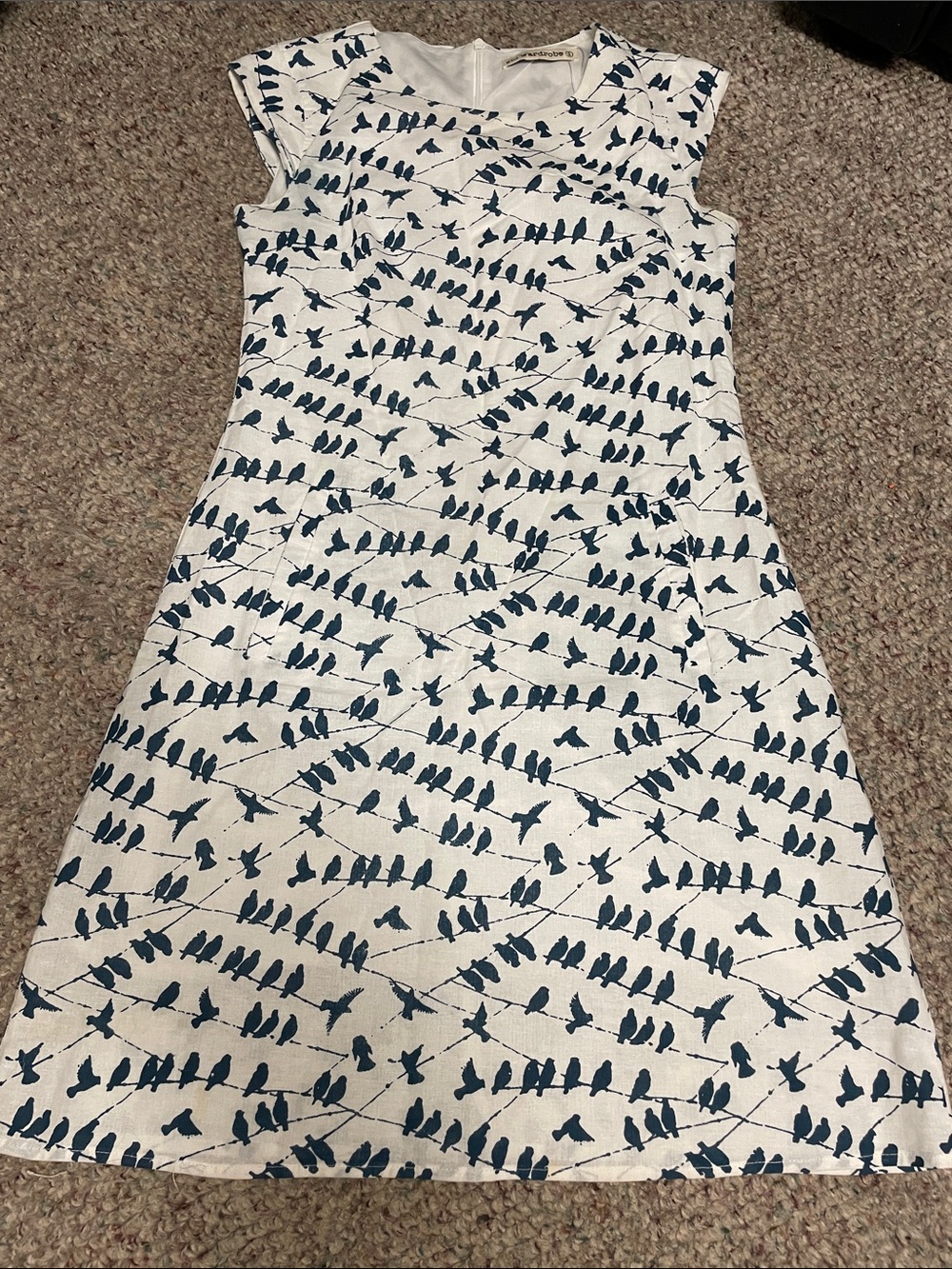 Sm wardrobe linen Shift Dress with Navy Bird Print and front pockets